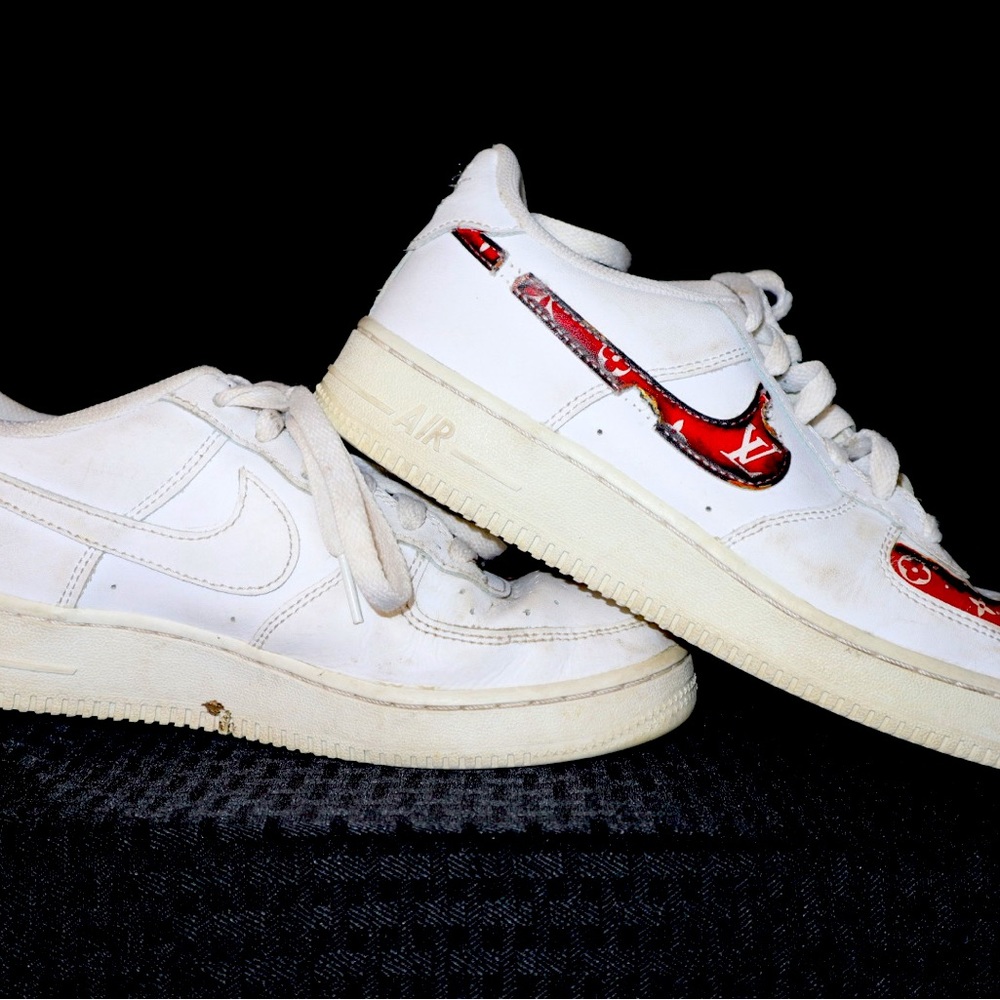 White custom LV Air Force ones